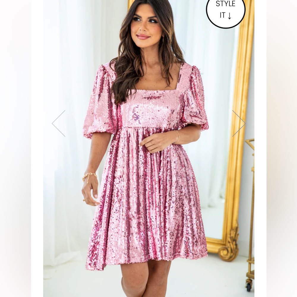 Pink Lily The Anti-Hero Pink Sequin Square Neck Babydoll Mini Dress New
